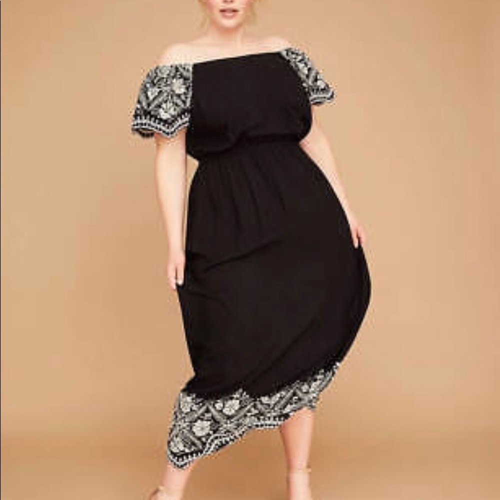 Black off-the-shoulder dress, silver embroidery
